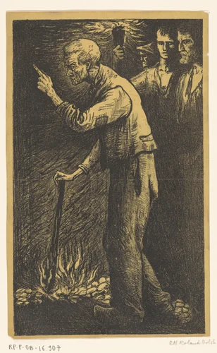 Arbeider met brandende fakkel en opgeheven vinger by Richard Nicolaüs Roland Holst, print, 1898