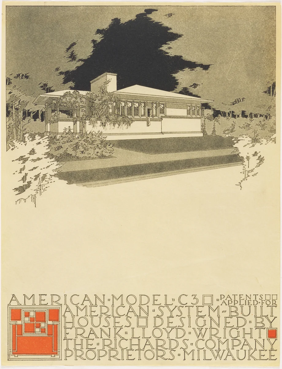 American System-Built Houses for The Richards Company project, (Exterior perspective of model C3) by Frank Lloyd Wright, architecture, 1915