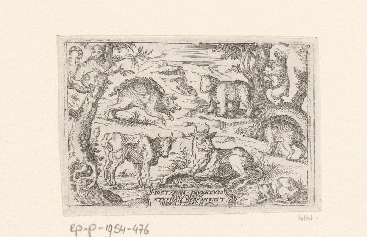 Twee koeien, twee varkens, twee beren, een hond en een kat by Unknown, print, 1578-1596