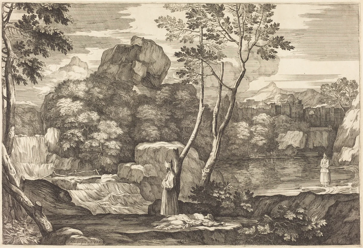 The Levite and the Priest Pass the Man Without Helping Him by Sébastien Bourdon, print, 1616-1671