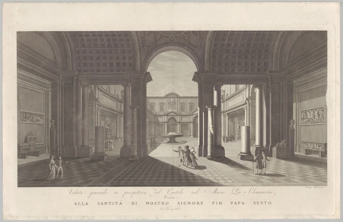 View of the courtyard of the Museo Pio-Clementino, from 'Veduta generale in prospettiva del cortile nel Museo Pio-Clementino' by Vicenzo Feoli, print, 1785-1827
