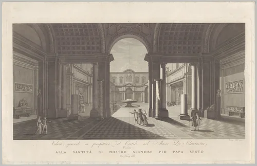 View of the courtyard of the Museo Pio-Clementino, from 'Veduta generale in prospettiva del cortile nel Museo Pio-Clementino' by Vicenzo Feoli, print, 1785-1827