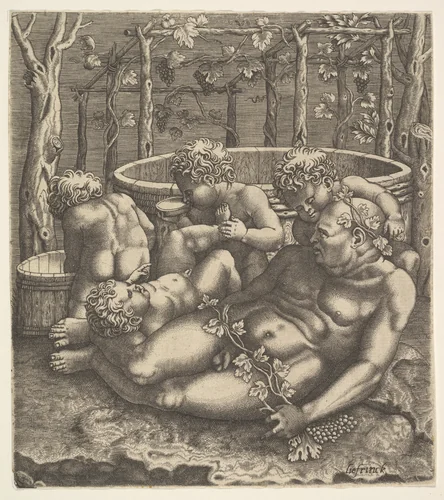 Silenus reclining before wine vats by Philippe de Soye, print, 1553-1563