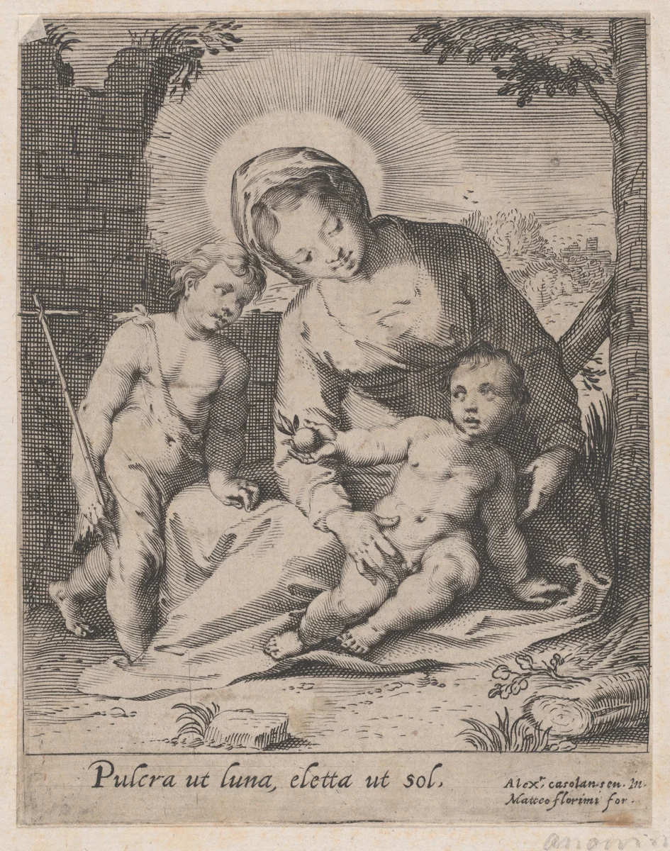 Virgin and Child with the infant Saint John the Baptist by anonymous, print, 1576-1613