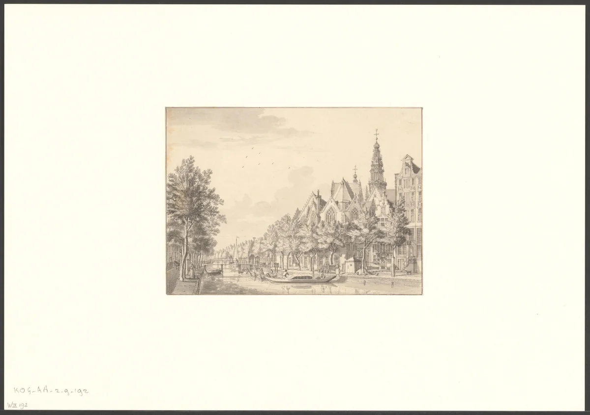 Gezicht op de Oudezijds Voorburgwal en de Oude Kerk by Jan de Beijer, drawing, 1751-1769