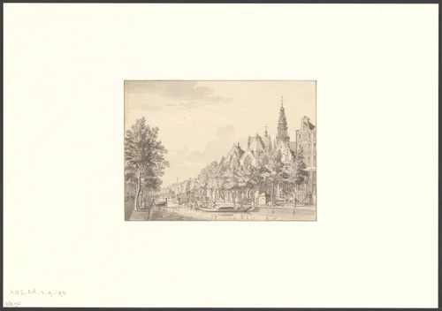 Gezicht op de Oudezijds Voorburgwal en de Oude Kerk by Jan de Beijer, drawing, 1751-1769