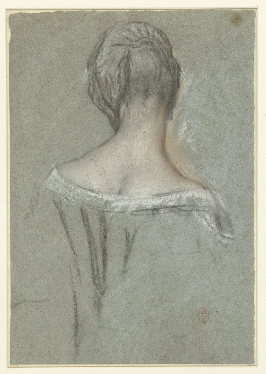 Elegante dame, van achteren by anonymous, drawing, 1700-1800