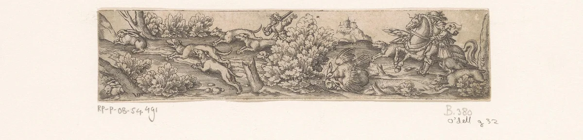 Hazenjacht met honden en een valk by Unknown, print, 1524-1562