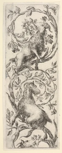 Three goats climbing a vine in the shape of a backwards 'S', from "Ornaments or Grotesques" (Ornamenti o Grottesche) by Stefano della Bella, print, 1650-1656