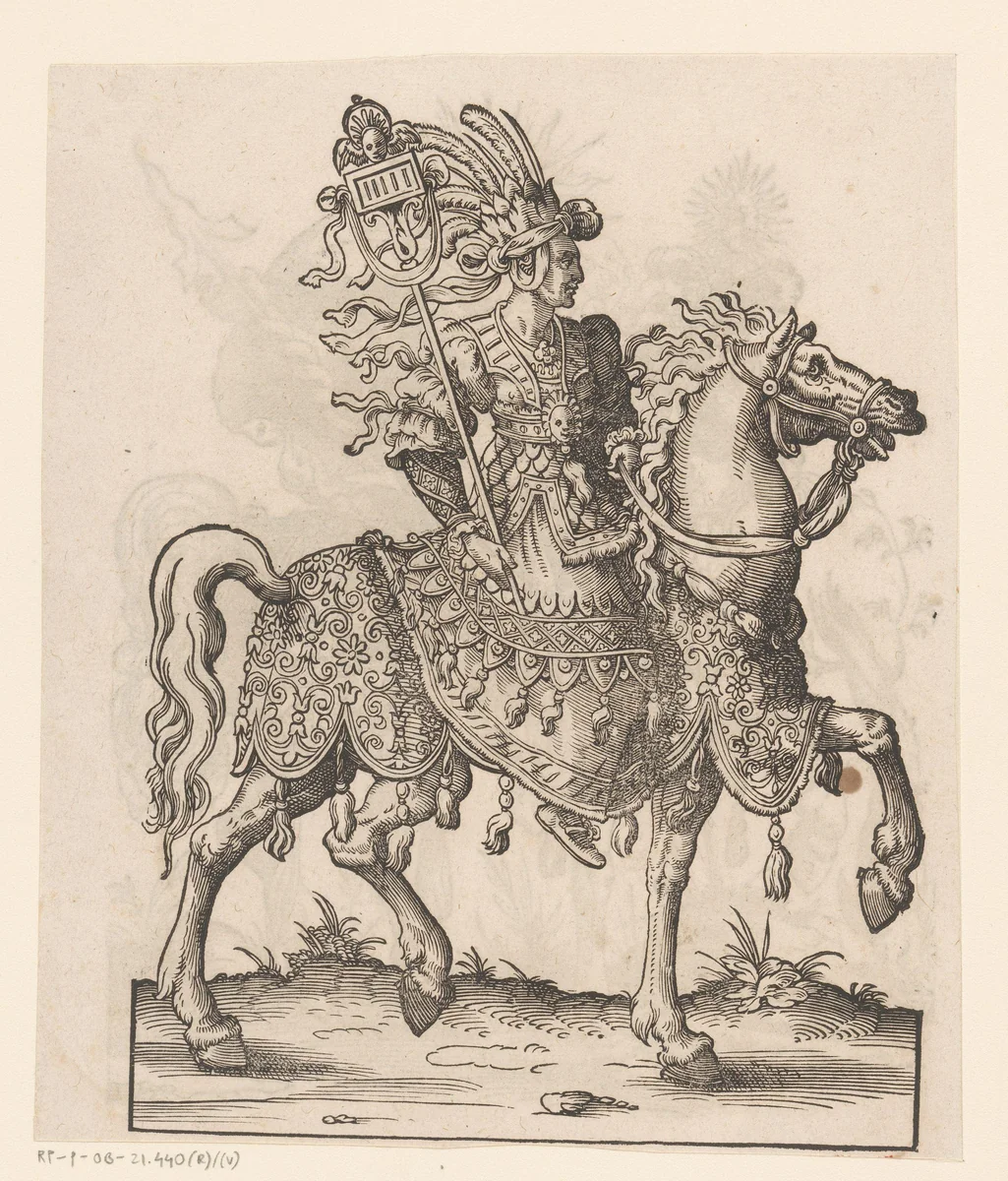 Man te paard gekleed als Aurora by Jost Amman, print, 1584