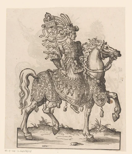 Man te paard gekleed als Aurora by Jost Amman, print, 1584