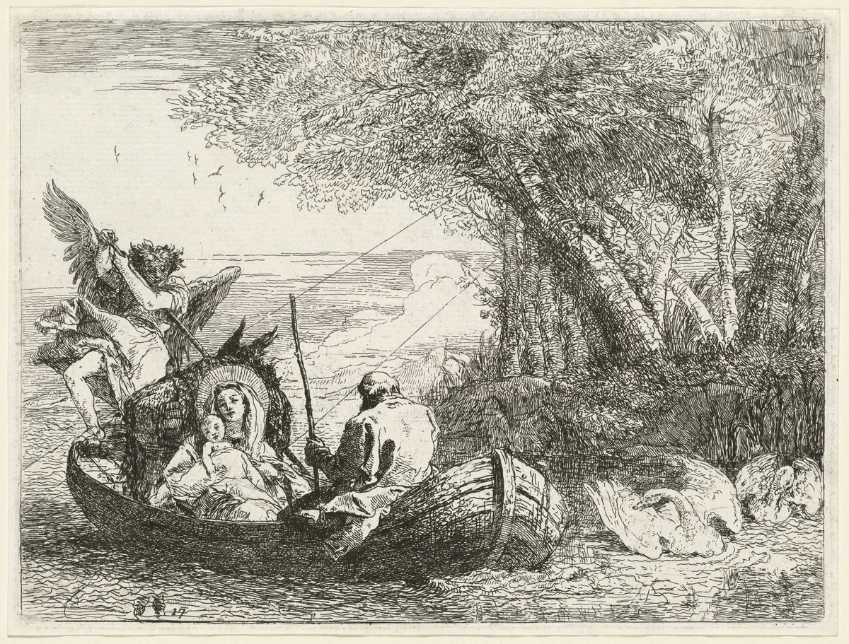 The Holy Family Being Ferried Across the River by Giovanni Domenico Tiepolo, print, 1753
