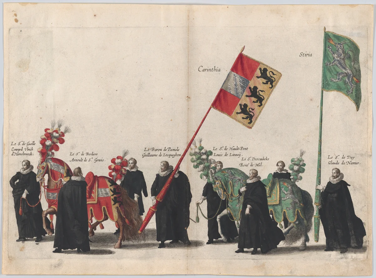 Plate 44: Men with heraldic flags and horses from Carinthia and Styria marching in the funeral procession of Archduke Albert of Austria; from 'Pompa Funebris ... Alberti Pii' by Cornelis Galle, print, 1623