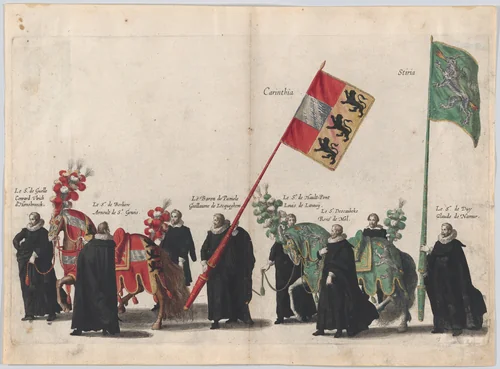 Plate 44: Men with heraldic flags and horses from Carinthia and Styria marching in the funeral procession of Archduke Albert of Austria; from 'Pompa Funebris ... Alberti Pii' by Cornelis Galle, print, 1623