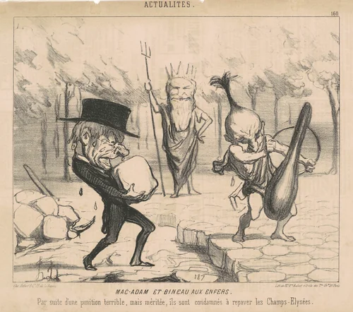 Mac-Adam [sic] et Bineau aux enfers. Par suite d'une punition terrible, mais méritée, ils sont condamnés à repaver les Champs Elysées. by Honoré Daumier, print, 1850