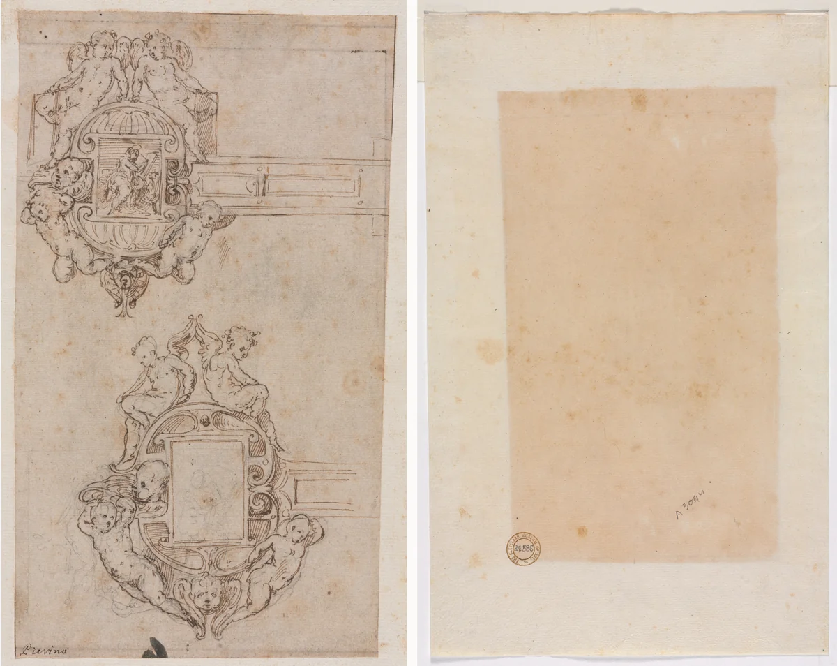 Design for Decorative Hinges (recto) Border Lines (verso) by Luzio Romano, drawing, 1530-1570