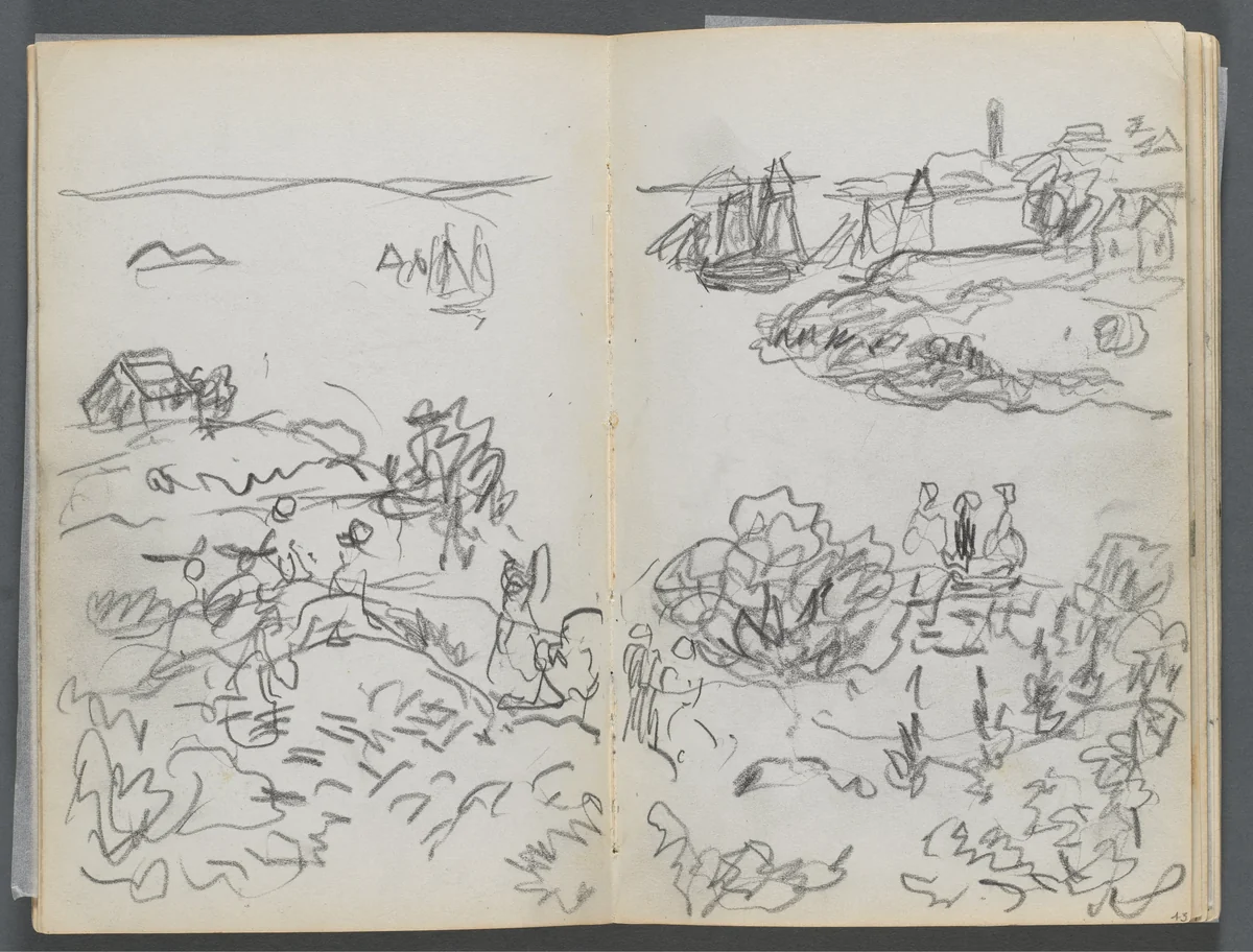 Sketchbook, The Dells, N° 127, page 042 & 43: Cove with Boats and Figures by Maurice Prendergast, book, 1919-1921