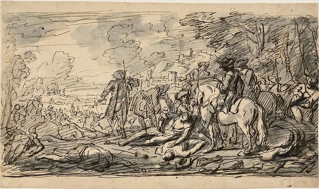 Cavalry Surveying the Wounded by Charles Parrocel or Joseph Francois Parrocel, drawing, 1708-1781