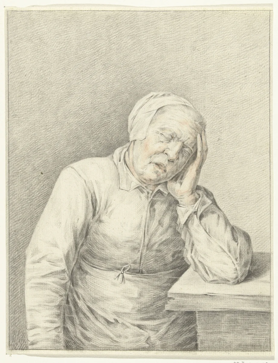 Slapende oude vrouw, met het hoofd in de hand by Jean Bernard, drawing, 1775-1833