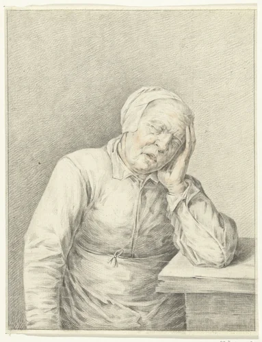 Slapende oude vrouw, met het hoofd in de hand by Jean Bernard, drawing, 1775-1833