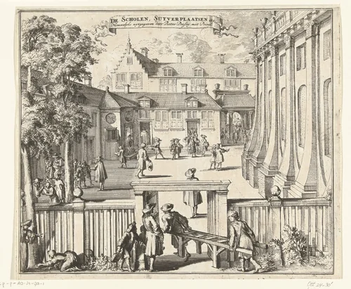 De scholen en reinigingsplaatsen bij de Portugese Synagoge te Amsterdam, ca. 1695 by Romeyn de Hooghe, print, 1695