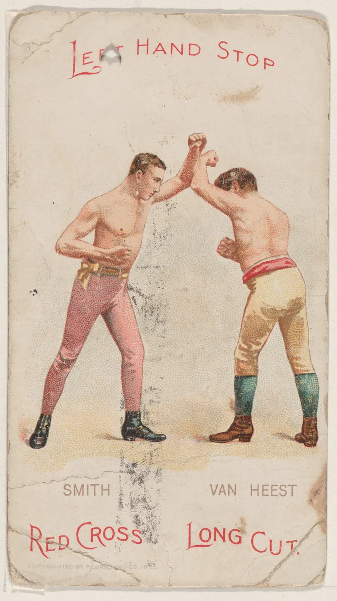 Left Hand Stop, Solomon Smith and Johnny Van Heest, from the Boxing Positions and Boxers series (N266) issued by P. Lorillard Company to promote Red Cross Long Cut Tobacco by P. Lorillard Company, print, 1893