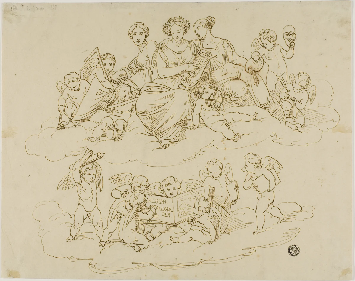 Three Muses (Urania, Terpsichare and Thalia) with Putti by Unknow Artist, drawing, 1800-1899