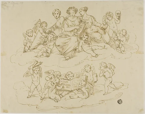 Three Muses (Urania, Terpsichare and Thalia) with Putti by Unknow Artist, drawing, 1800-1899