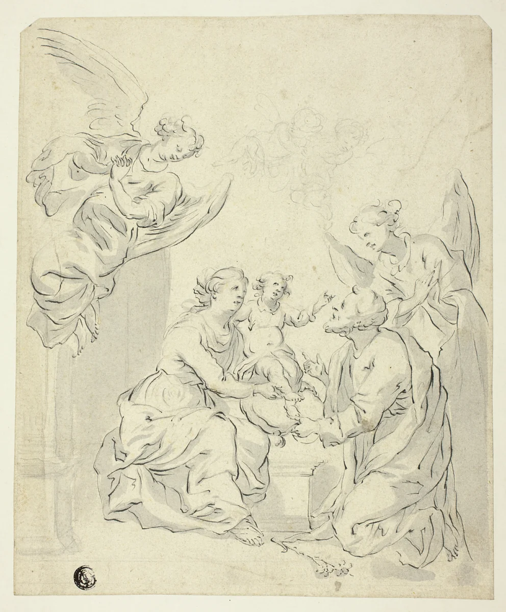 Holy Family with Angels by Unknown Artist, drawing, 1550-1799