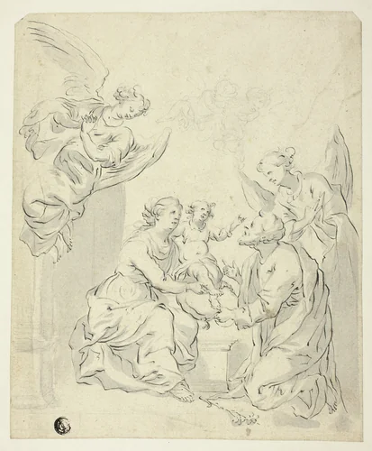 Holy Family with Angels by Unknown Artist, drawing, 1550-1799