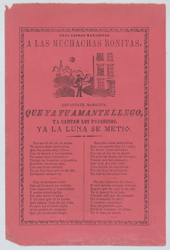 Broadsheet with a ballad about a man who stands outside his lover's window and sings to her by José Guadalupe Posada, print, 1900-1910