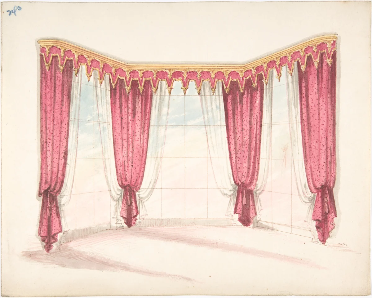 Design for Red Curtains with a Red and Gold Pelmet by anonymous, drawing, 1800-1850