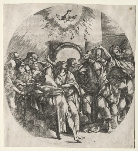 The descent of the holy spirit by Domenico Campagnola, print, 1518