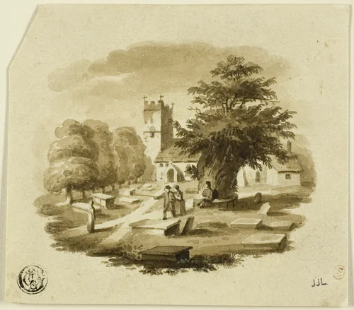 Figures in Cemetary Near Church by Charles Alfred Stothard, drawing, 1806-1821