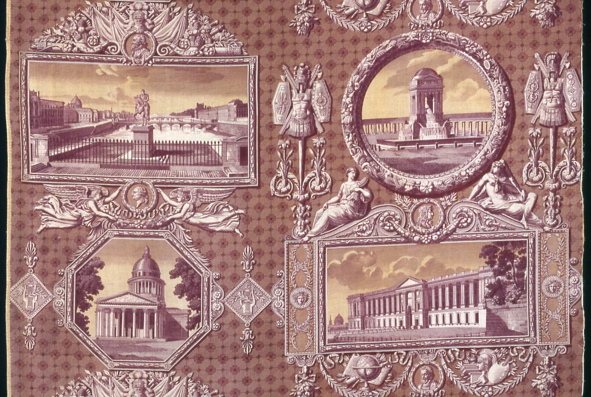 Les Monuments de Paris (The Monuments of Paris) (Furnishing Fabric) by Hippolyte Lebas, textile, 1816-1820
