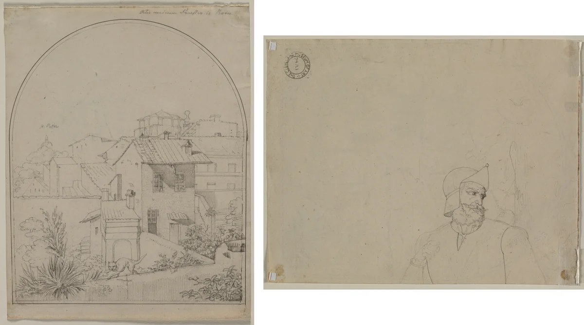 View from My Window in Rome (recto) Soldier in a Landscape (verso) by Carl Ludwig Tischbein, drawing, 1802-1822