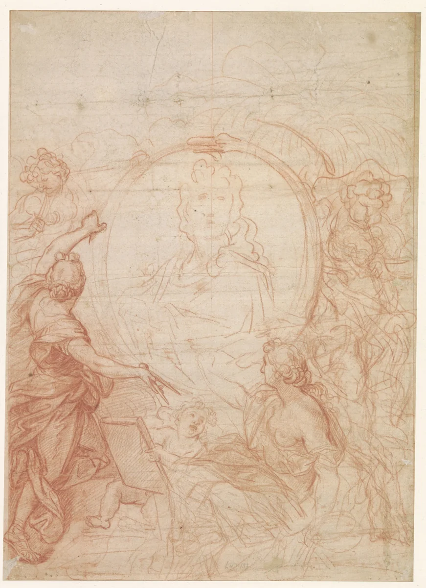 Ontwerp voor een portret omrand door een slang by Charles Le Brun, drawing, 1629-1690
