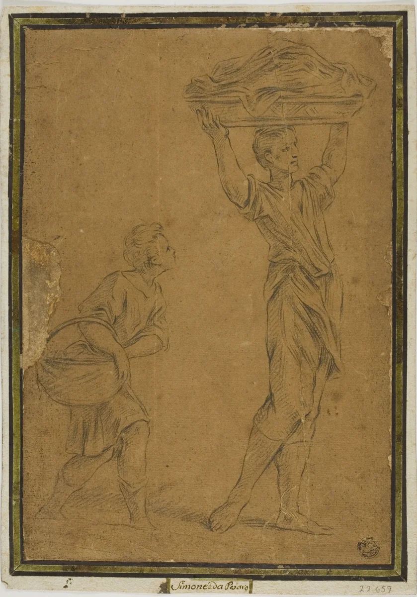 Two Boys Carrying Baskets by Giuseppe Maria Mitelli, drawing, 1654-1799