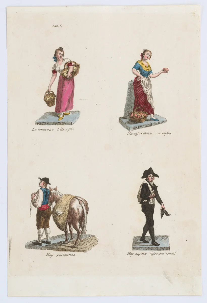 Plate 8: four street vendors from Madrid selling lemons, oranges, pigeons, and shoes, from 'Los Gritos de Madrid' (The Cries of Madrid) by Miguel Gamborino, print, 1809-1817