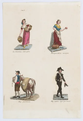 Plate 8: four street vendors from Madrid selling lemons, oranges, pigeons, and shoes, from 'Los Gritos de Madrid' (The Cries of Madrid) by Miguel Gamborino, print, 1809-1817