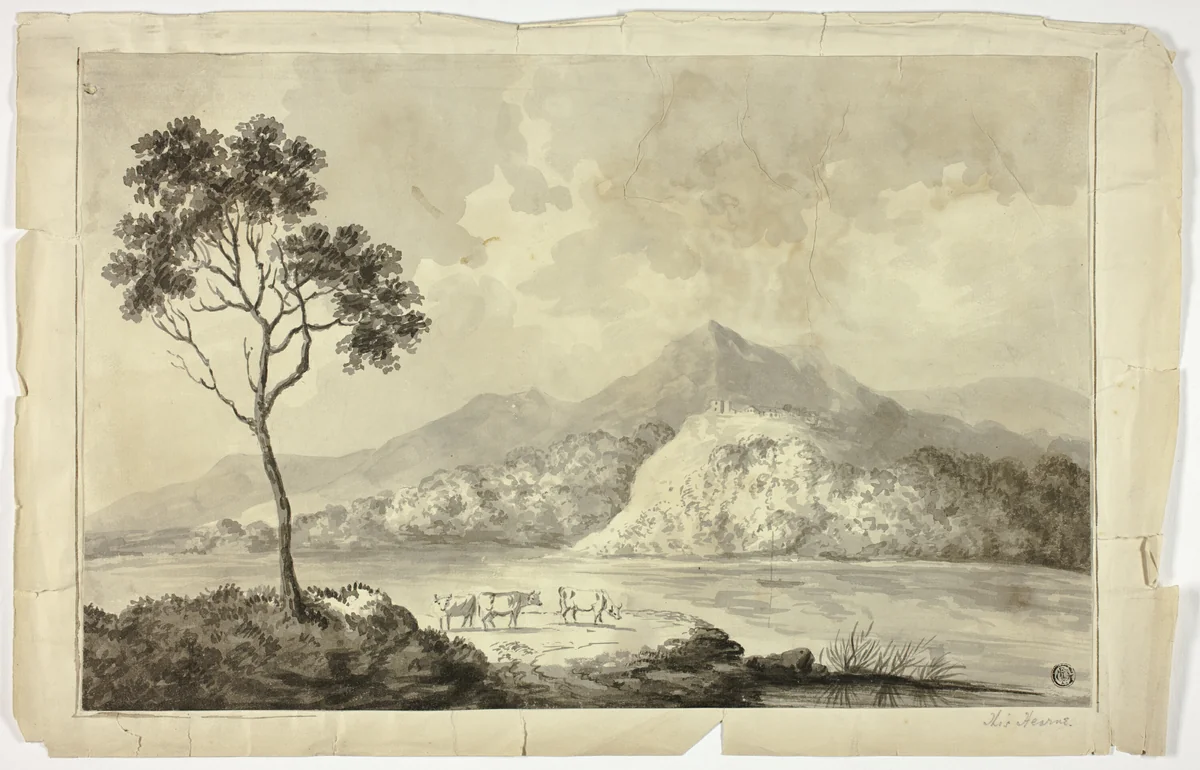 Cows by Mountain Lake by Artist Unknown, drawing, 1780-1799