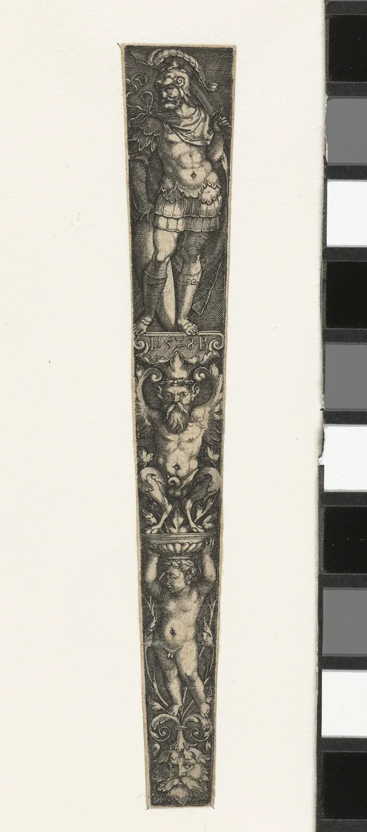 Ornament met kind, sater en krijgsman by Unknown, print, 1528