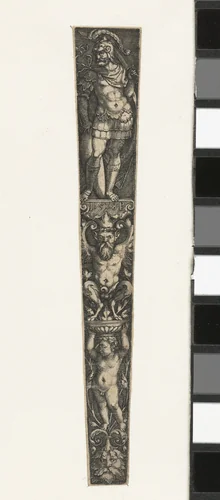 Ornament met kind, sater en krijgsman by Unknown, print, 1528