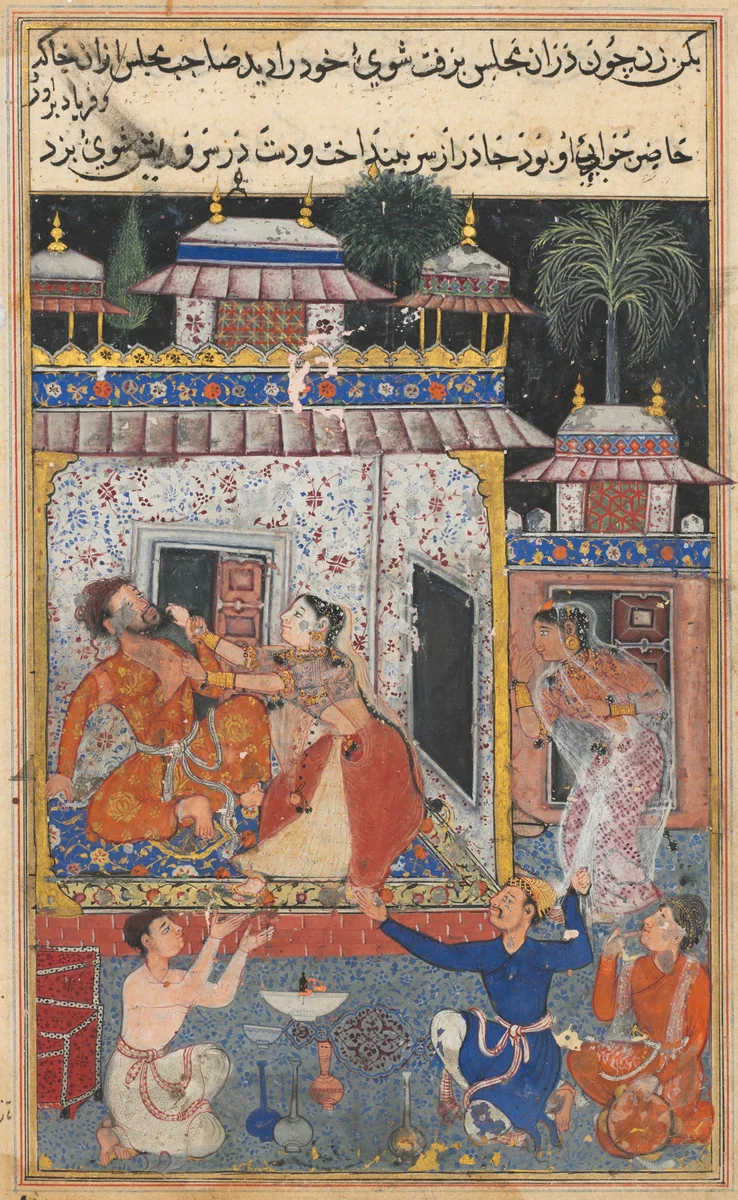 The deceitful wife assaults her erring husband, from a Tuti-nama (Tales of a Parrot): Eighth Night by Tara, painting, 1555-1565