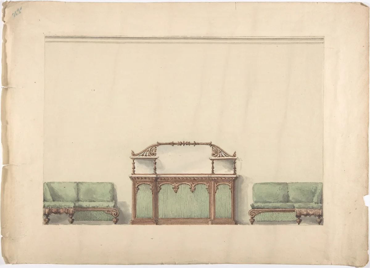 Design for a Mirrored, Marble-topped Cabinet and Two Sofas by anonymous, drawing, 1800-1850