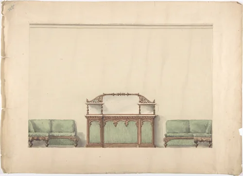 Design for a Mirrored, Marble-topped Cabinet and Two Sofas by anonymous, drawing, 1800-1850