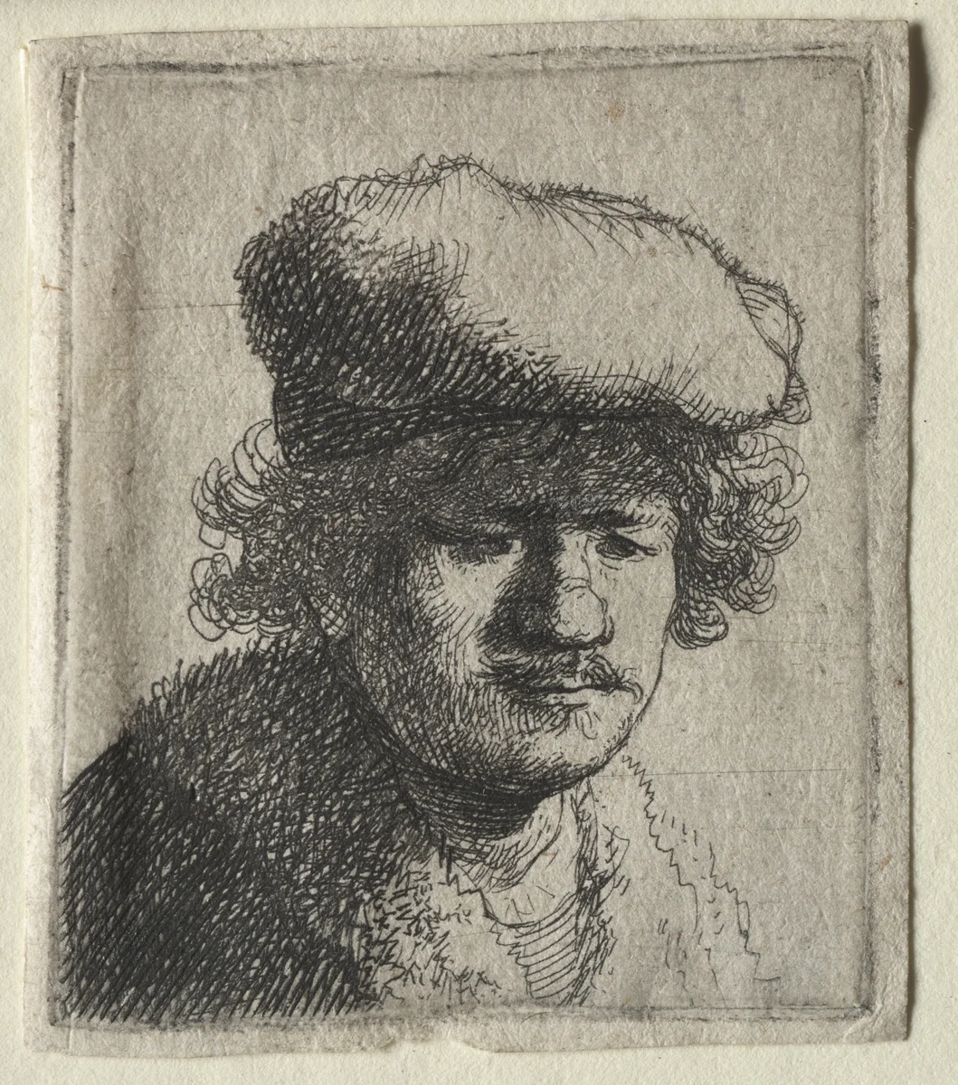 Self-Portrait with Cap Pulled Forward by Rembrandt van Rijn, print, 1626-1636