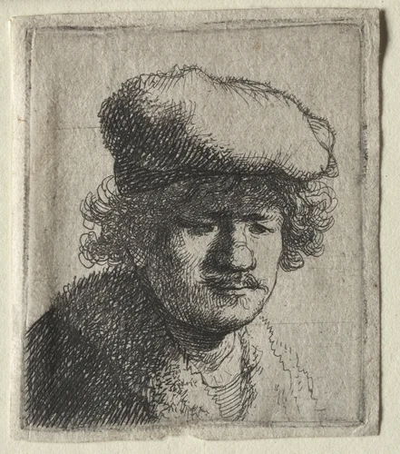Self-Portrait with Cap Pulled Forward by Rembrandt van Rijn, print, 1626-1636