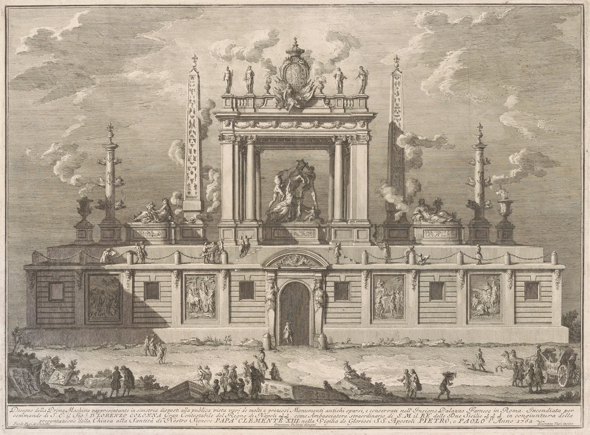 The Prima Macchina for the Chinea of 1762: The Farnese Bull and Other Antiquities from Palazzo Farnese by Giuseppe Vasi, print, 1762
