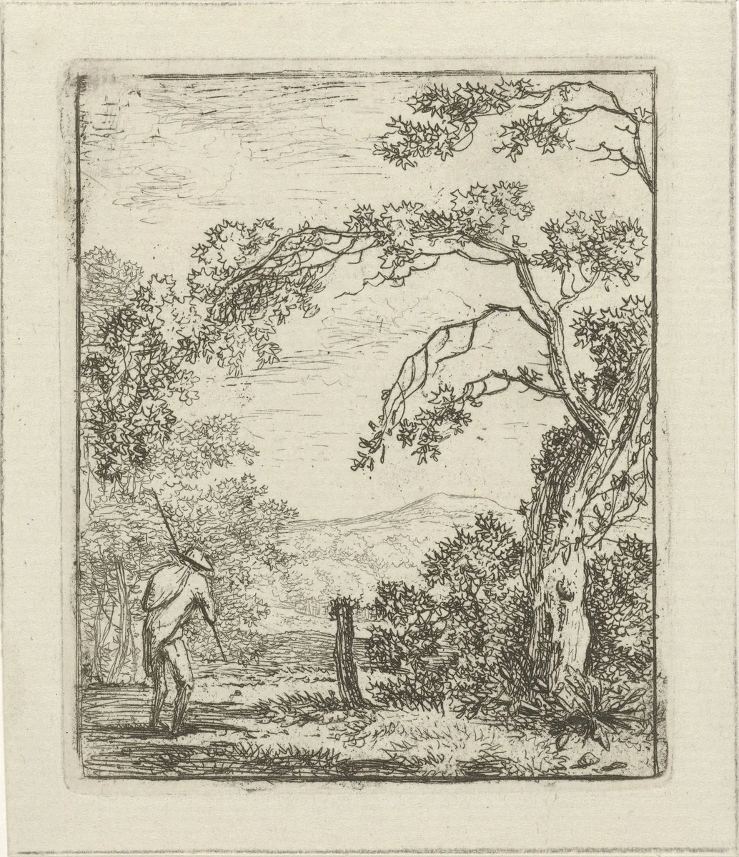 Landschap met man met knapzak by Hermanus Fock, print, 1781-1822